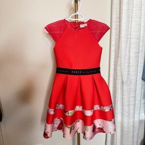 Baker by Ted Elegant Red and Pink Mesh Shoulders Girls Dress